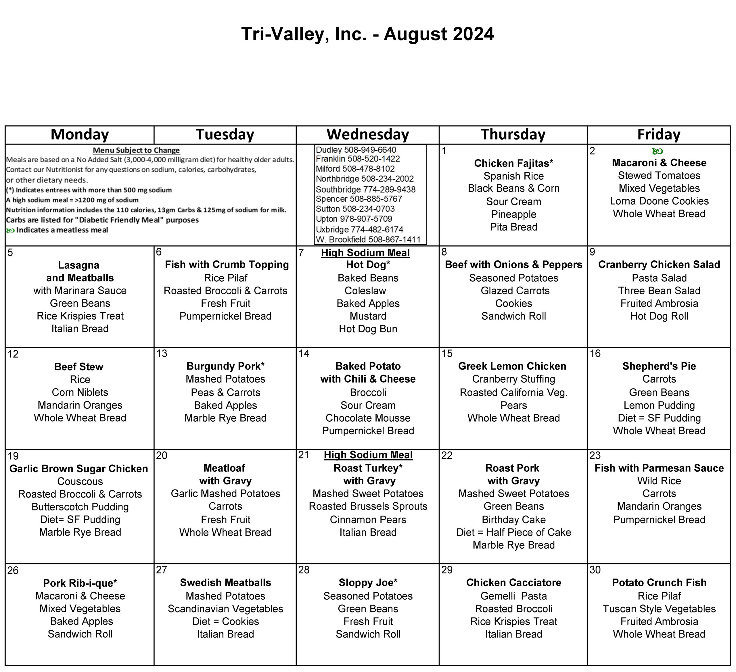 Monthly Menu | Tri Valley, Inc.